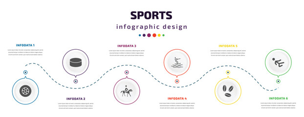 sports infographic element with icons and 6 step or option. sports icons such as football ball circular, hockey puck, horseback, jet surfing, brazilian, karate fighter vector. can be used for