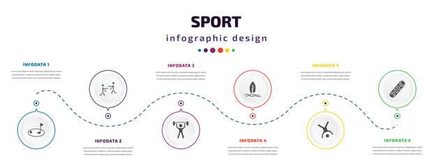 Fototapeta na wymiar sport infographic element with icons and 6 step or option. sport icons such as golf, boxing, exercise gym, surf, cartwheel, snowboard vector. can be used for banner, info graph, web, presentations.