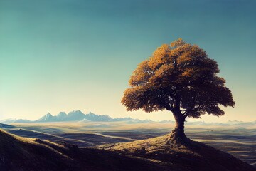 Obraz na płótnie Canvas A lone tree grows on a hill. Can show leadership, overcoming adversity, inspiration. 
