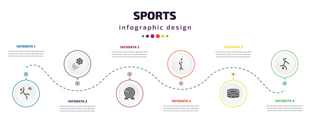 sports infographic element with icons and 6 step or option. sports icons such as man losing hat, soccer, archery, bats man, estadio, breakdancing dancer vector. can be used for banner, info graph,