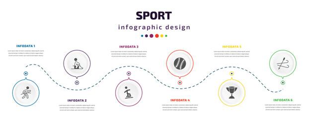 sport infographic element with icons and 6 step or option. sport icons such as marathon champion, person riding on sleigh, snowboarding, baseball ball, trophy, ski vector. can be used for banner,