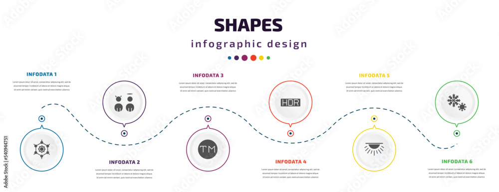 Poster shapes infographic element with icons and 6 step or option. shapes icons such as framework, characte