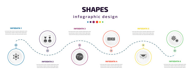 Fototapeta na wymiar shapes infographic element with icons and 6 step or option. shapes icons such as framework, characters, trademark, hdr, dome light, two snow flakes vector. can be used for banner, info graph, web,