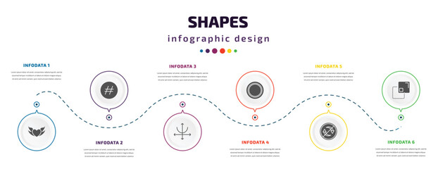 shapes infographic element with icons and 6 step or option. shapes icons such as devil heart with wings, hash key, parabola, blank circle, non recyclable, minus front vector. can be used for banner, - obrazy, fototapety, plakaty