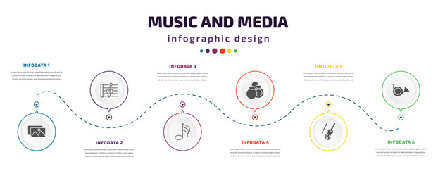 Fototapeta na wymiar music and media infographic element with icons and 6 step or option. music and media icons such as album, stave, thirty second note, castanets, cello, french horn vector. can be used for banner,