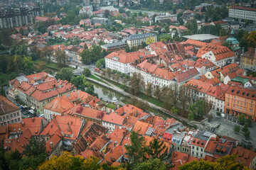 Fototapeta na wymiar Looking out over the city, you can see the creek and most of the red roofs. Ljubljana is the capital of Slovenia.