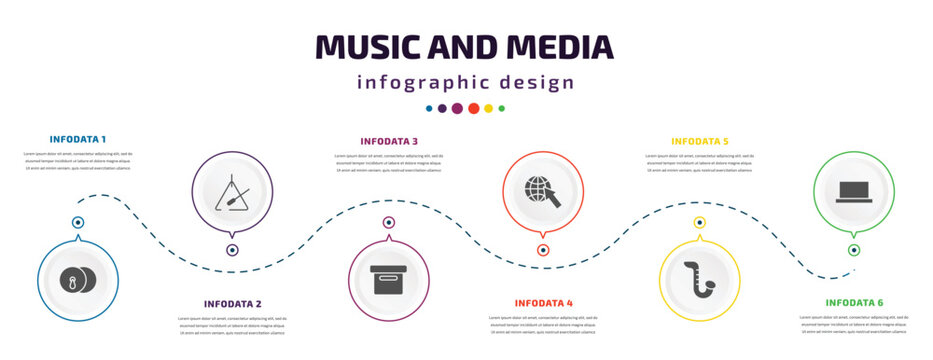 music and media infographic element with icons and 6 step or option. music and media icons such as cymbals, music triangle, image archive, globe with pointer, saxophone, half rest vector. can be