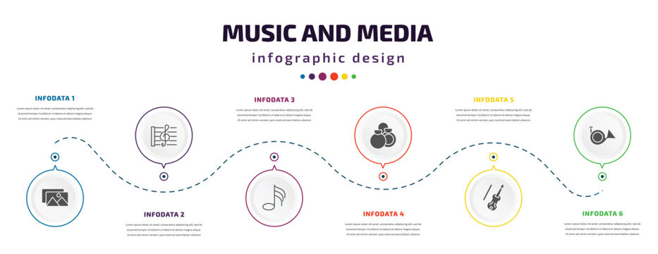 music and media infographic element with icons and 6 step or option. music and media icons such as album, stave, thirty second note, castanets, cello, french horn vector. can be used for banner,