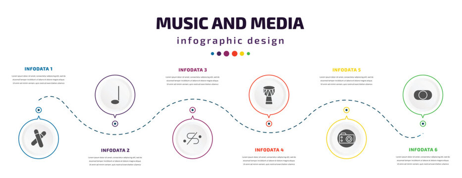 music and media infographic element with icons and 6 step or option. music and media icons such as clave, crotchet, segno, djembe, photo camera, rec vector. can be used for banner, info graph, web,