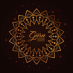 Happy Guru Nanak Jayanti festival of India. Beautiful luxury design with golden mandala and lights around it as card for Indian celebration of Guru Nanak's birthday.
