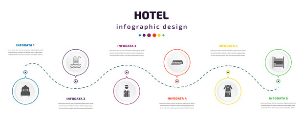 Fototapeta na wymiar hotel infographic element with icons and 6 step or option. hotel icons such as single bed, pool, bellboy, reserved, bathrobe, bunk bed vector. can be used for banner, info graph, web, presentations.