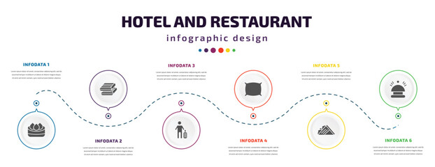 hotel and restaurant infographic element with icons and 6 step or option. hotel and restaurant icons such as dim sum, towels, guest, pillow, sandwich, reception bell vector. can be used for banner,