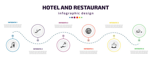 Fototapeta na wymiar hotel and restaurant infographic element with icons and 6 step or option. hotel and restaurant icons such as fire extinguisher, or, valet, no pictures, coffee, vacuum cleaner vector. can be used for