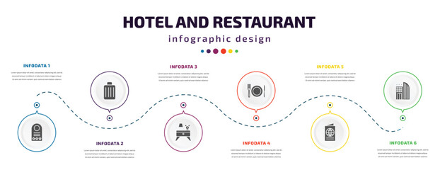 Fototapeta na wymiar hotel and restaurant infographic element with icons and 6 step or option. hotel and restaurant icons such as door hanger, luggage, nightstand, meal, passport, hotel vector. can be used for banner,