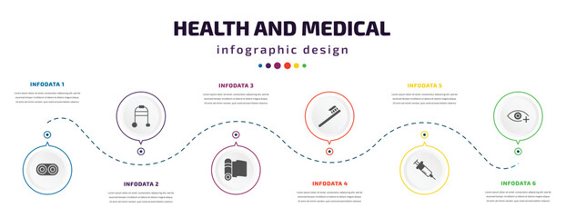 health and medical infographic element with icons and 6 step or option. health and medical icons such as optometrist, medical walker, yoga mat, tooth brush, syringe, ophthalmology vector. can be