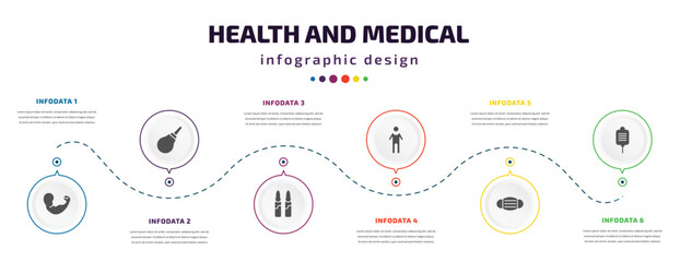 Fototapeta na wymiar health and medical infographic element with icons and 6 step or option. health and medical icons such as arm, enema, ampoule, body, medical mask, salt vector. can be used for banner, info graph,