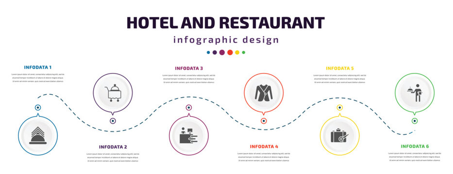 hotel and restaurant infographic element with icons and 6 step or option. hotel and restaurant icons such as napkins, room service, receptionist, suits, left-luggage, servant vector. can be used for