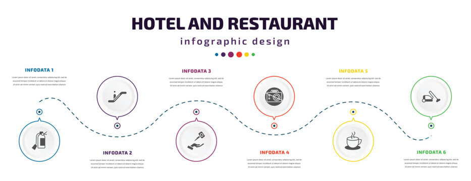 hotel and restaurant infographic element with icons and 6 step or option. hotel and restaurant icons such as fire extinguisher, or, valet, no pictures, coffee, vacuum cleaner vector. can be used for