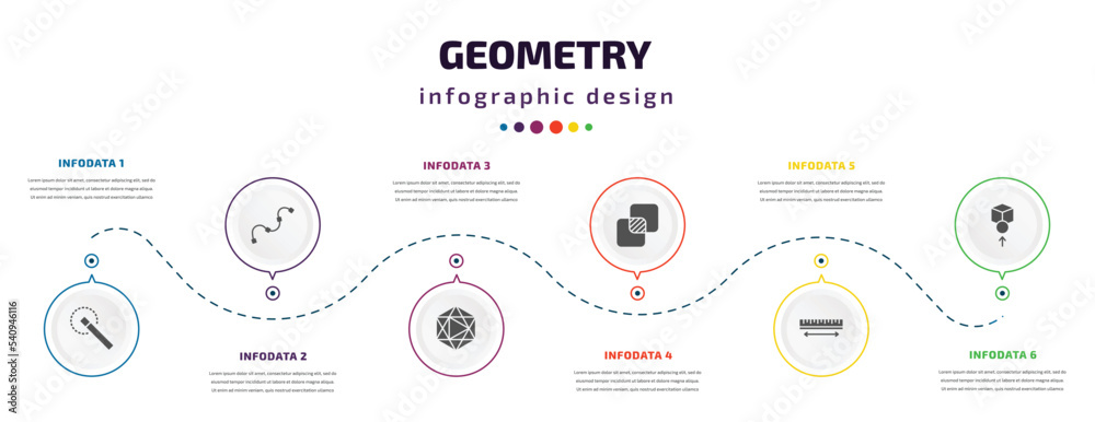 Poster geometry infographic element with icons and 6 step or option. geometry icons such as quick selection