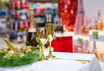 Table served for Christmas dinner. Christmas And New Year Holiday Table Setting. Celebration
