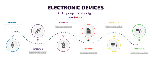 Fototapeta na wymiar electronic devices infographic element with icons and 6 step or option. electronic devices icons such as smartwatch, connector, trash compactor, sim, desktop computer, blow dryer vector. can be used