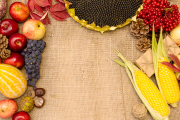 Autumn postcard with a harvest of vegetables and fruits on a background of burlap. Red apples and...
