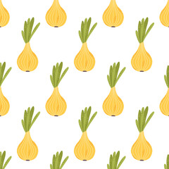 Seamless pattern with onion. Pattern with vegetables. Vector illustration. Drawn style.