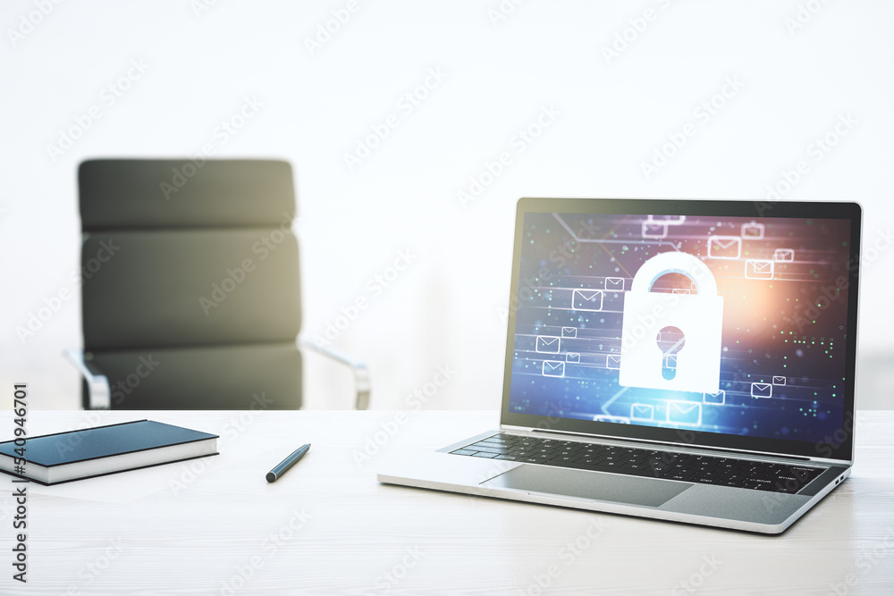 Poster Modern computer monitor with creative lock hologram and email symbols. Information security concept. 3D Rendering