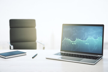 Modern computer screen with creative statistics data hologram, stats and analytics concept. 3D Rendering