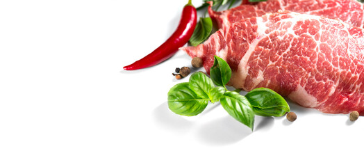 Marble beef steak. Raw meat isolated on white background. Prime fillet meat. Black Angus Steak Rib eye with Herbs and Spices 