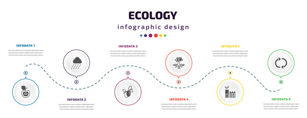 ecology infographic element with icons and 6 step or option. ecology icons such as half, raining, olives on a branch, tree and roots, eco factory, recycle arrows vector. can be used for banner, info