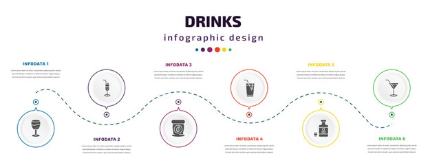 drinks infographic element with icons and 6 step or option. drinks icons such as brandy glass, ramos gin fizz, coffee bag, ice tea, herbal liquor, martini vector. can be used for banner, info graph,