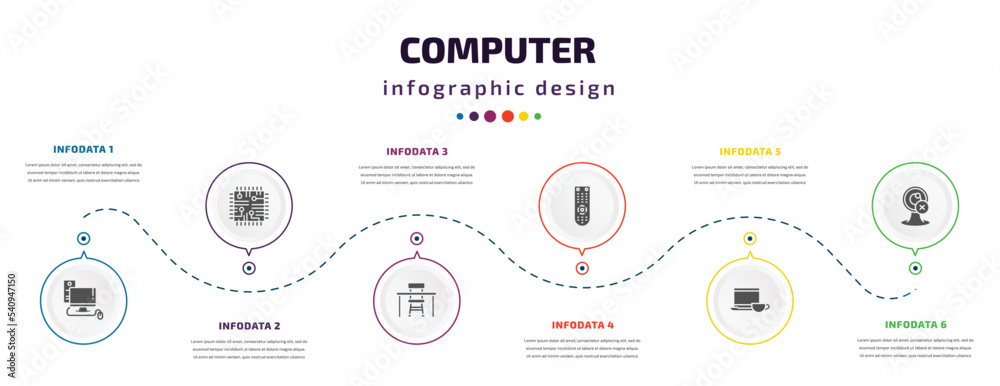 Poster computer infographic element with icons and 6 step or option. computer icons such as computer, chips