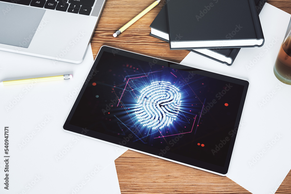 Fototapete top view of modern digital tablet display with creative fingerprint hologram, personal biometric dat