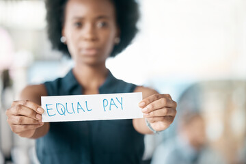 Paper sign, gender and finance equality with black woman, salary and pay gap. Equity, balance and...
