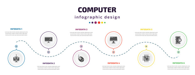 computer infographic element with icons and 6 step or option. computer icons such as robotic, tv screen, mouse device, computers, square chip, tablet data tings vector. can be used for banner, info