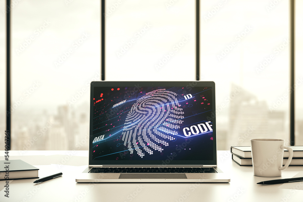 Poster abstract creative fingerprint illustration on modern laptop monitor, digital access concept. 3d rend