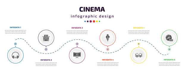 cinema infographic element with icons and 6 step or option. cinema icons such as headphone, movie theater, 3 dimension screen, stripped ice cream cone, cinema seats, dvd vector. can be used for
