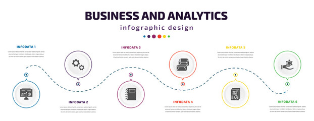 business and analytics infographic element with icons and 6 step or option. business and analytics icons such as hash rate, cogwheel hine part, workbook, correspondence, print document, revenue