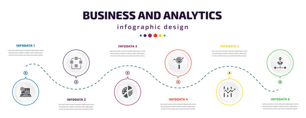 business and analytics infographic element with icons and 6 step or option. business and analytics icons such as laptop with analysis, database interconnected, graph pie, database analysing, charts,