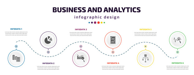 business and analytics infographic element with icons and 6 step or option. business and analytics icons such as spending, pie chart diagram, search analytics, printing documents, variety, sine