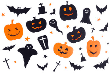 Happy halloween, pumpkin smile, ghost, bats, christian cross and grave make from black paper cut on white background, Decorative Halloween concept