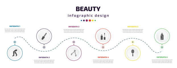 Fototapeta na wymiar beauty infographic element with icons and 6 step or option. beauty icons such as legs, pedicure, hair scissors, lip gloss, inclined hairbrush, hair spray vector. can be used for banner, info graph,