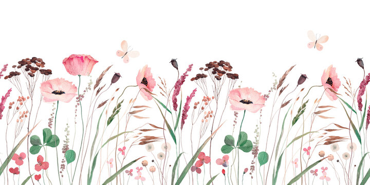 Watercolor illustration with wildflowers, herbs and butterfly. Panoramic horizontal isolated illustration. Summer meadow. Illustration for card, border, banner or your other design. Seamless pattern.