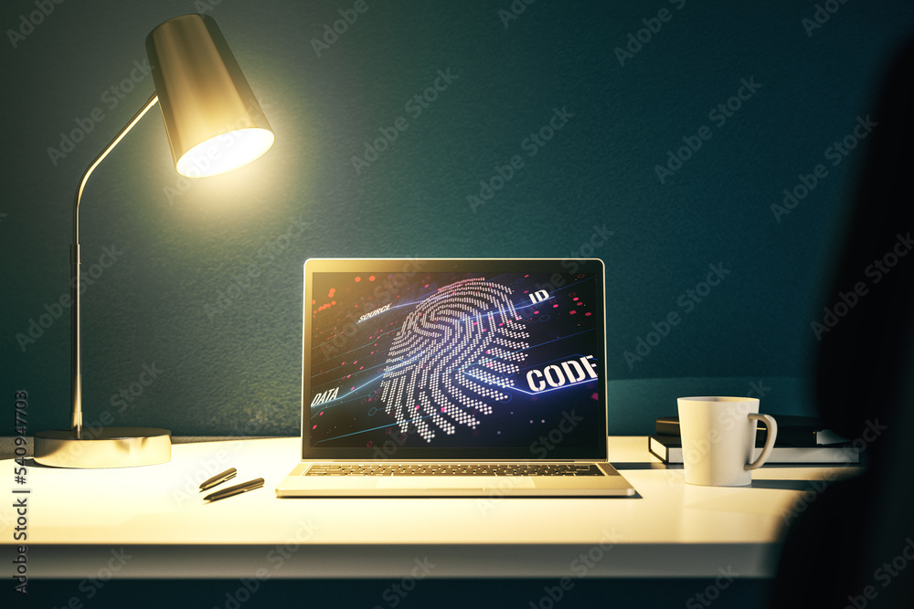 Aufkleber Abstract creative fingerprint concept on modern laptop screen. 3D Rendering