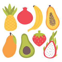 A set of delicious fruits. Collection of hand drawn fruits. Banana, papaya, dragon fruit, mango, avocado, pineapple. Flat style. Vector illustration.