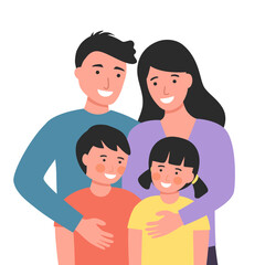 Happy family concept vector illustration. Father, mother, son, and daughter in flat design on white background.