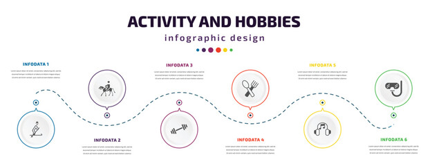 activity and hobbies infographic element with icons and 6 step or option. activity and hobbies icons such as skiing, horse riding, exercising, eating, listening music, diving vector. can be used for