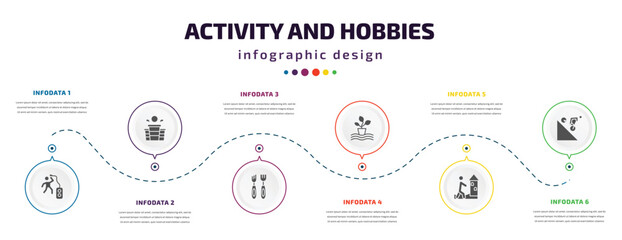 activity and hobbies infographic element with icons and 6 step or option. activity and hobbies icons such as beatboxing, beer pong, wood carving, hydroponics, sand art, downhill vector. can be used