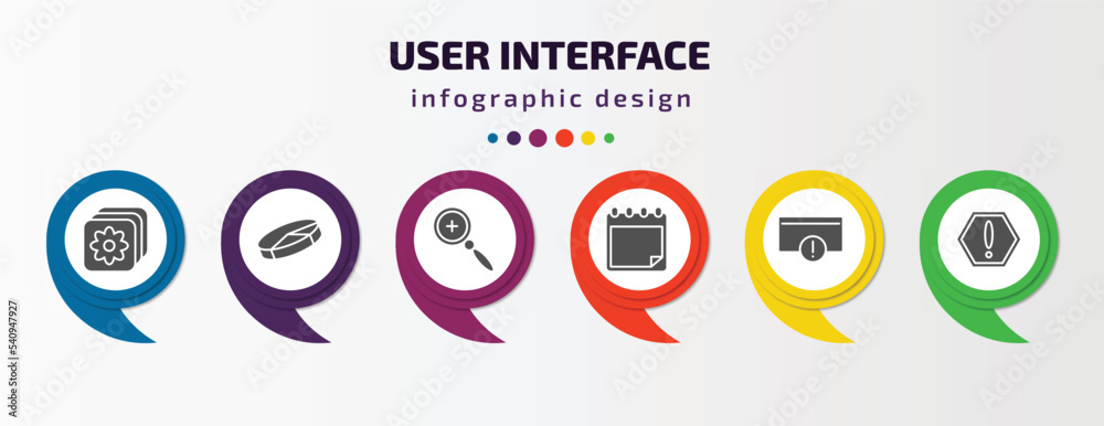 Aufkleber user interface infographic template with icons and 6 step or option. user interface icons such as pi